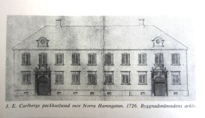 Johan Eberhard Carlbergs packhusfasad mot Norra Hamngatan från år 1726. Byggnadsnämndens arkiv.
